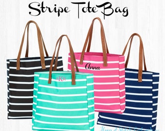 Stripe Tote, Monogram Tote Bag, Personalized Tote Bag, Navy Stripe Tote Mint Stripe Tote,Black Stripe Tote,Hot Pink Stripe Tote,Striped Tote