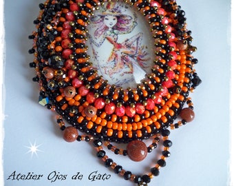 Brooch Orange Magic-Bead Embroidery
