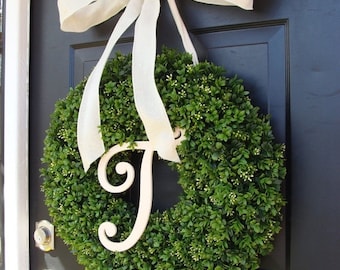 SUMMER WREATH SALE Faux Boxwood Wreath, Monogram Spring Wreath, Outdoor Door Hanging, Fall Wreaths, Spring Decor, Boxwood with Burlap Bow