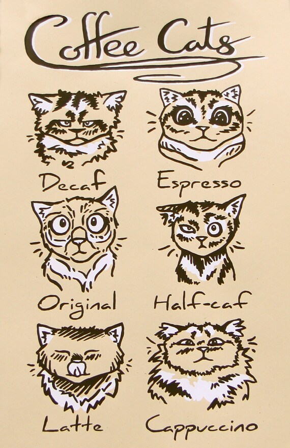 Coffee Cats  Screen Print Art  Cat  Silkscreen 11x17 Poster