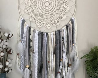 Extra Large Dream Catcher, Gray Dream Catcher, Boho Bedroom Decor, Gray Wall Hanging, Gray Nursery Decor, Dorm Room Decor, Boho Dorm Room