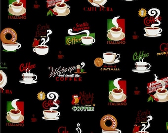 Robert Kaufman Metro Cafe Black Coffee Varieties Novelty Fabric on Black Cotton Novelty Fabric Robert Kaufman Cafe Fabric