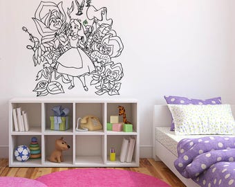 Wall Sticker Decals Alice In Wonderland Cartoon Rabbit Tea Time Cheshire Cat Girl Nursery Bedroom 1374b