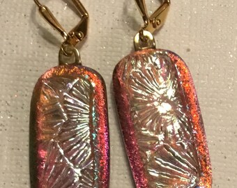 Dichroic Glass Earrings,Orange,Silver Dichroic,Gold Plated leverback earrings