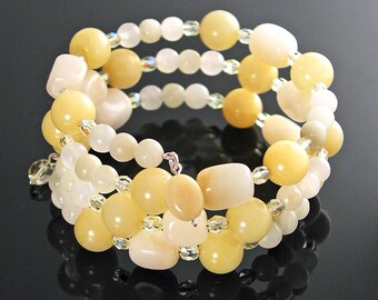 Pale Yellow Bracelet, Yellow Jade Onyx Bracelet, Multi Strand Yellow Beaded Bracelet Yellow Wrap Bracelet Memory Wire Yellow Stone Bracelet