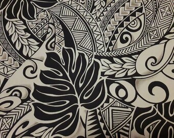 Black and Tan Polynesian Tattoo Fabric, Hawaiian Fabric, Aloha Shirt Material, Tribal Print, Island Fashion, Cotton poplin