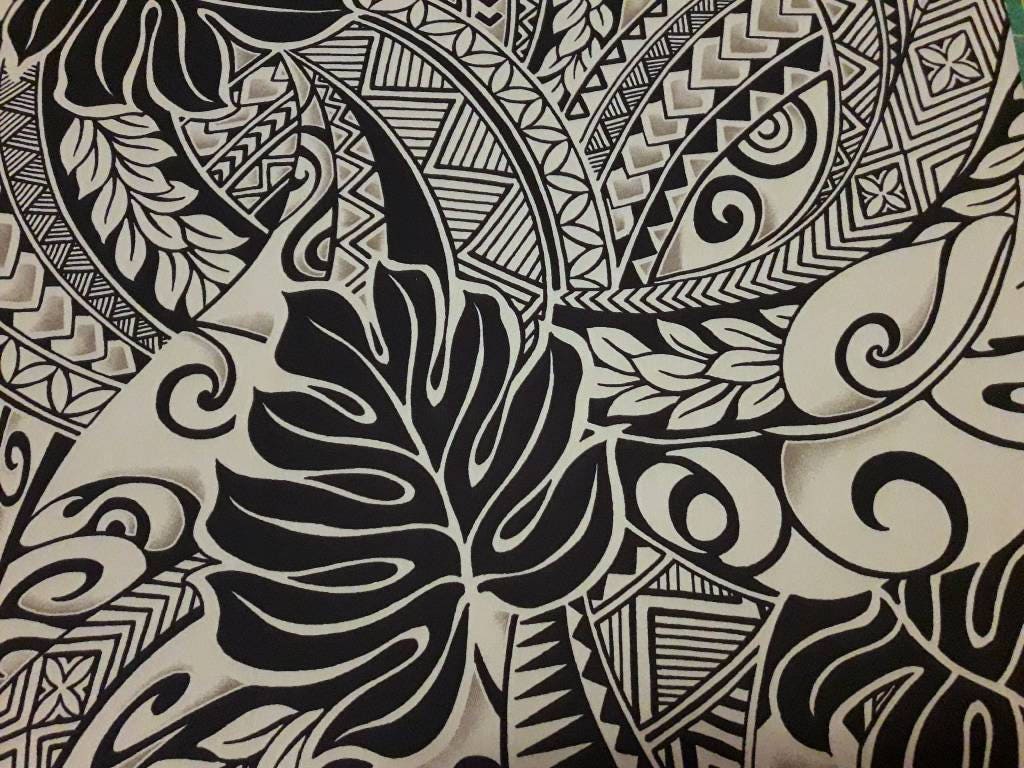 Black and Tan Polynesian Tattoo Fabric Hawaiian  Fabric Aloha