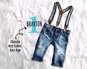 First Birthday Outfit Boy 1st Birthday Personalized Top Distressed Denim Suspender Pants or Shorts Boy Smash Cake Outfit Boy Photo Outfit