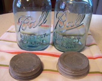 Vintage Aqua Blue Ball Jars with Zinc Lids, 1 QT Quart Size, Set of 2