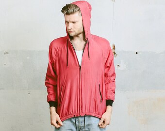 Mens Silk BOMBER Jacket . 1990s Vintage Oversized Hooded Insulated Pink Zip Up 90s Outerwear Hip Hop Hipster Urban . Medium Large XL