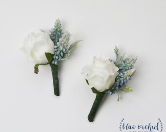 Boutonniere, Wedding Boutonniere, Boutonniere Set, Wedding Flowers, Silk Flower Boutonniere, White Boutonniere, Blue Boutonniere, Faux