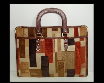 Sac cartable en velours Weymouth américain des années 1960 ~ marron rouille crème ~ bourse attache patchwork ~ WA en cabas Angleterre ~ poches 2 poignées des années 60