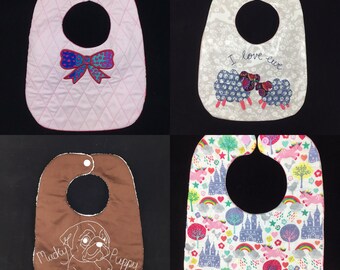 ITH Baby Bib Pattern Pack. Very easy In the hoop bib patterns for babies. By Pixie Willow Patterns