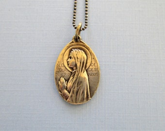 Silver Our Lady of Lourdes Religious Medal - French Antique Religious Medal - Pendant Necklace - Religious Jewelry - Catholic Gifts