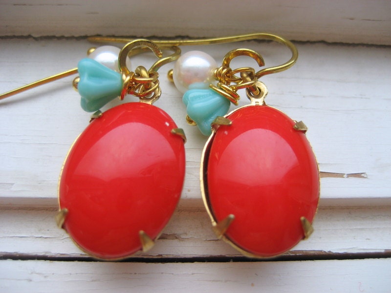 Madrid Earrings 14k Gold Ear Wires dangle Tomato Red