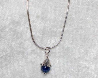 Sodalite with Fine Silver Flower Cap Charm Necklace