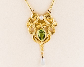 Antique Necklace - Antique Art Nouveau 14k Yellow Gold Peridot & Seed Pearl Conversion Necklace