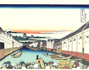 Japanese Ukiyo-e Woodblock print, Katsushika Hokusai, "Nihonbashi bridge in Edo, from the series Thirty-six Views of Mount Fuji"
