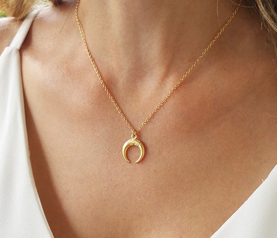 Gold horn necklace Gold necklace Double horn necklace