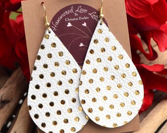 Leather Earrings white with gold polka dots handmade by Hammered Love Letters