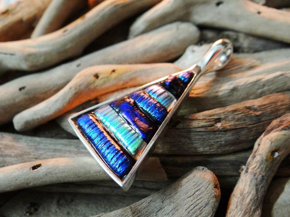 Sterling Silver .925 Pendant Dichroic Glass Fused Glass Triangle Geometric Vintage Pyramid Necklace Blue Iridescent Opal Opalescent Aura