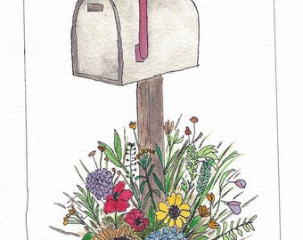 Original Pen and Ink with Watercolor Painting - Mailbox and Colorful Flowers