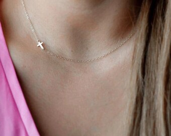 Silver Small Sideways Cross Necklace, Cross Necklace, Petite Cross, Religious Jewelry Mother's Day Gift inexpensive
