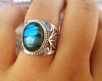 Blue Labradorite Ring - Cocktail Ring - Handmade Sterling Silver Labradorite Jewelry - Gemstone Tribal Ring