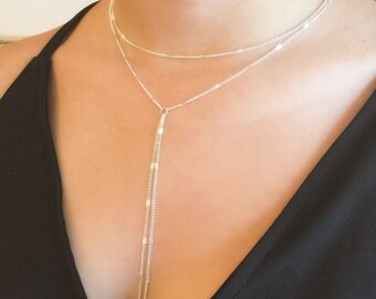 Silver Layered Necklace, Silver Lariat Necklace