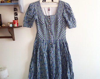 austrian trachten dirndl dress, navy, green & white gingham / small - medium