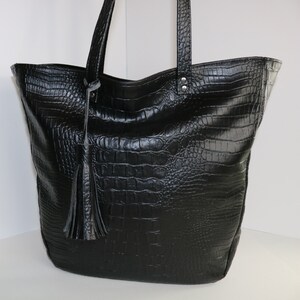 Tote Bag, Black Mock Croc, with Recessed Zipper Closure and Tassel - Custom, Design Your Own Tote