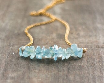 Raw Aquamarine Necklace, Crystal Necklace, Gift for Her, Mom Gift, Bar Necklace, Boho Necklace, Raw Stone Jewelry, March Birthstone Necklace