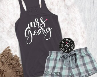 Personalized Mrs. Pajama Set with Flowy Tank and Flannel Boxer, Bride Pajamas, Wifey Pajamas, Honeymoon Pajamas | #1215