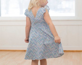 KNIT version Ayda's V back Peplum & Dress. PDF sewing pattern for toddler girl sizes 2t - 12.