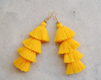 Four Layered Yellow Tassel Earrings