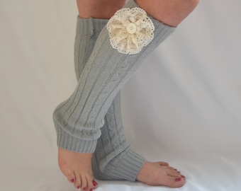 Leg warmers women-Gray cable knit button leg warmers-Boot cuffs-Knee high socks-Lace cuffs-Hippie socks-Women leggings-Boot covers