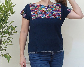 Navy Blue Handwoven Guatemalan Cotton Huipil | Vintage Ethnic Blouse | Hand embroidered Tunic | Traditional Guatemalan Clothing Nahuala Top