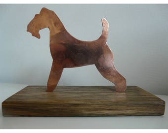 Wire Fox Terrier, in Copper on Oak Base
