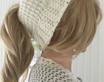 ponytail hat - messy bun hat - crochet bun hat - messy bun beanie - ponytail beanie - winter accessory - long hair hat - bad hair day hat
