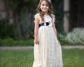 Navy Blue Flower Girl Dress, Flower Girl Dresses, Lace Girl Dress, Rustic Ivory Lace Flower Girl,Country Lace Flower Girl Dress toddler baby