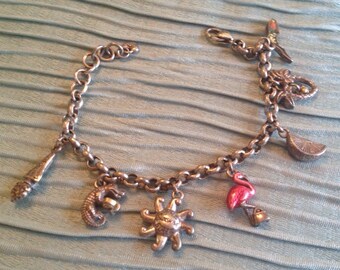 VINTAGE Brighton FLORIDA CHARM BRACeLET, Silver, Pink Flamingo, Alligator, Palm Trees, Shuttle, State, Sun, Orange @ A Vintage Revolution