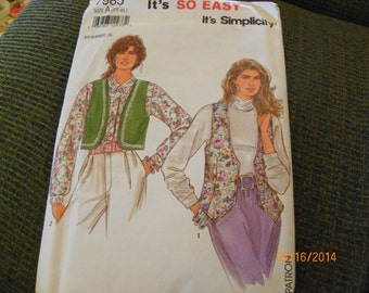 Vintage 1992 Simplicity 7985 Sewing Pattern Misses' Vests Size A (PT - XL)