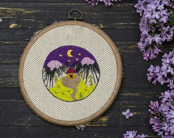 House on the mountain in night stitch embroidery , new completed stitch