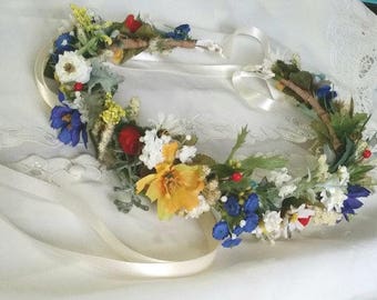 Wildflower hair wreath bridal floral headband yellow blue red Engagement photo prop wedding flower crown festival halo