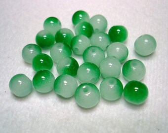 Green White Two Tone Glass Round Beads (Qty 25) - B2807