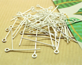 Lot de 100 tiges avec boucle, couleur argentée, sans nickel et plomb, 30*0,7 mm