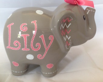 Personalized Large Gray Pink Chevron Polka dots elephant Piggy Bank Newborns , Birthday,Girls,Flower Girl,Baby Shower Gift Centerpiece