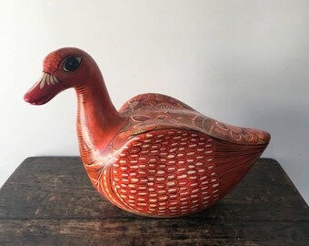 Vintage Mexican Folk Art Duck, Hand-Painted Clay Pottery, Mexican Folk Art