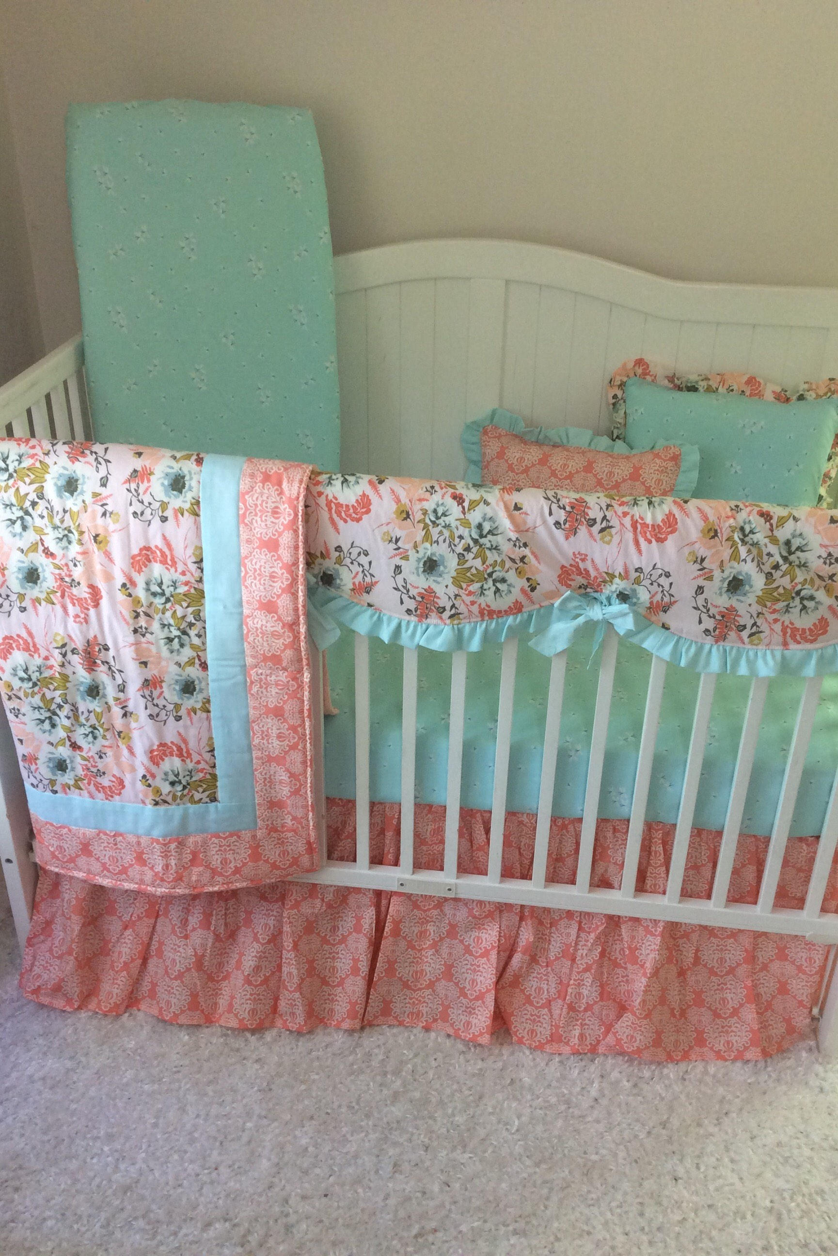 Blush Pink Coral Blue Floral Baby Bedding Crib Set