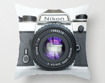 Vintage Nikon Camera Throw Pillow Cover Home Decor Camera Photographer Decorative Pillow Fine Art Photography Photograph Accent Pillow